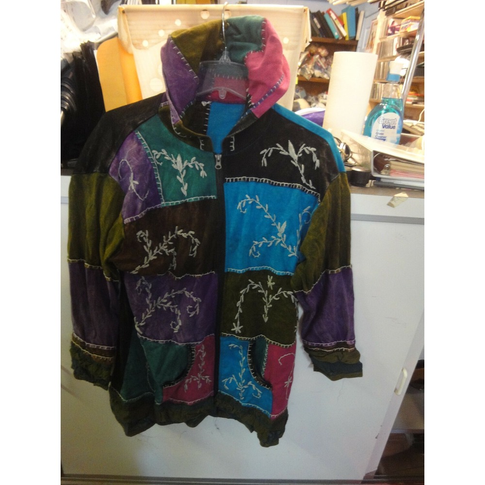 Made in Nepal womens XL colorful cotton hoodie patchwork zipered‎ jacket